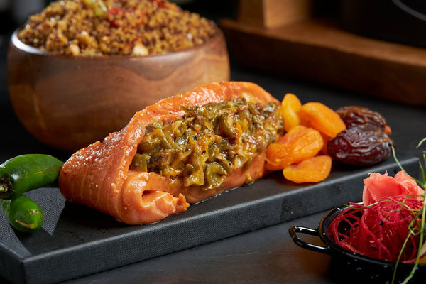Raw Date & Leek Stuffed Salmon